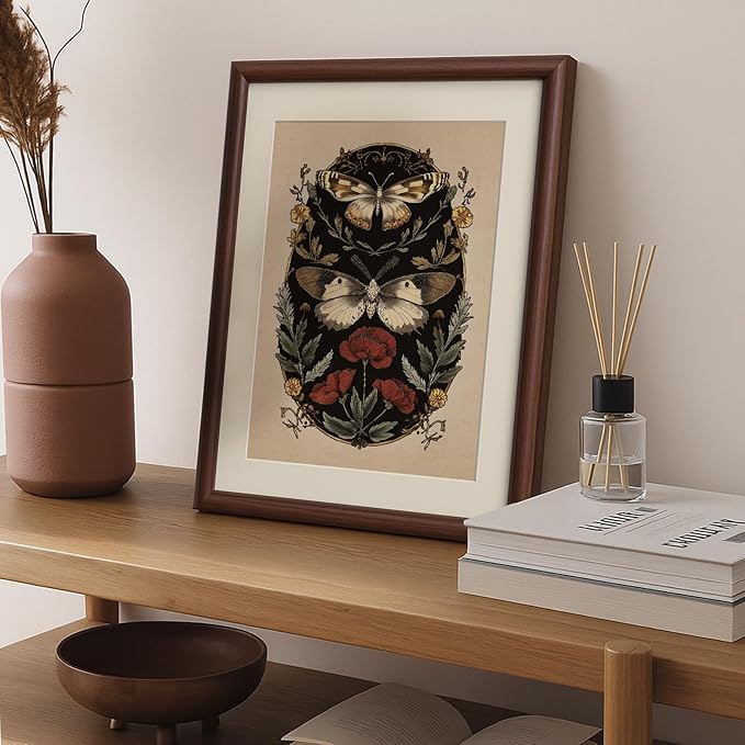 InSimSea Framed Canvas Wall Art with Mat, Moody Butterfly & Botanical Prints Artwork, Vintage Dark Botanical Wall Art for Living Room Bedroom Office, Retro Bathroom Decor Aesthetic, 11x14 Inch(Walnut)