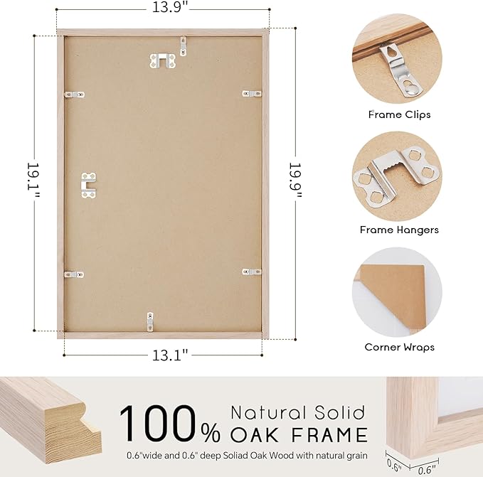 puthiac 13x19 Solid Oak Wood Picture Frame, Fits 11x17 with Mat or 13x19 Without Mat, Wall Display Only, Vertical or Horizontal, Plexi Front, 3 Pack, Natural Oak