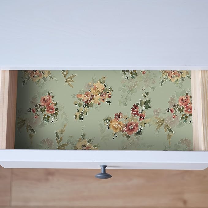 Vintage Green Floral Wallpaper Peel and Stick French Flower Wallpaper 17.7"x 157" Self Adhesive Decorative Floral Contact Paper Victorian Antique Botanical Wall Paper Wall Mural