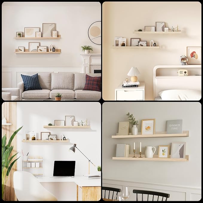 36inch Floating Picture Ledge Shelves 2-Pack, Oak Wall Mounted Shelves with Lip for Nursery, Kids Room, Living Room & Bedroom, Sturdy Floating Book Shelves for Photo Frames & Decor