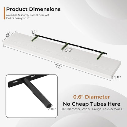 Fun Memories 72 Inch Floating Shelves for Wall, Fireplace Mantel Shelf with Invisible Heavy Duty Bracket, 8 Inch Deep Storage Shelf for Living Room, Kitchen, Farmhouse, White (2-Pack)