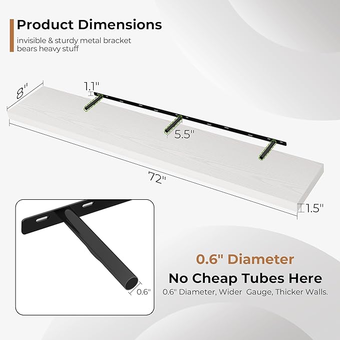 Fun Memories 72 Inch Floating Shelves for Wall, Fireplace Mantel Shelf with Invisible Heavy Duty Bracket, 8 Inch Deep Storage Shelf for Living Room, Kitchen, Farmhouse, White (2-Pack)