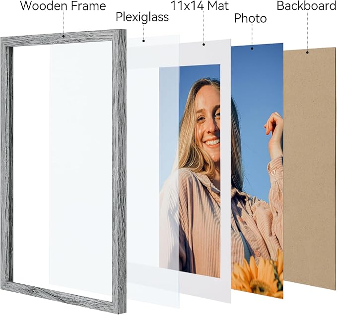 Vittanly 12x16 Picture Frames Set of 4, Display Pictures 11x14 with Mat or 12x16 without Mat, Gallery Frame for Wall Display, Engineered Wood with Shatter Resistant Plexiglass, Grey