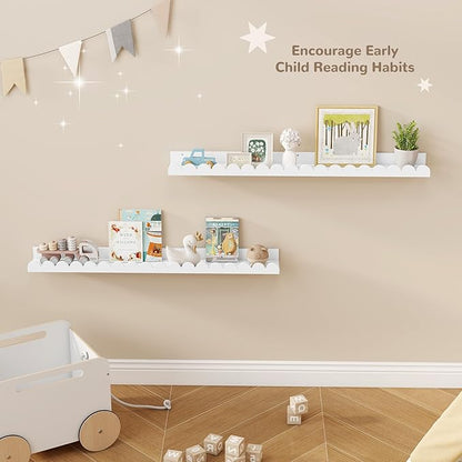 Fun Memories 36 Inch Scalloped Nursery Shelf, White Picture Ledge for Wall, Set of 2, Kids Book Shelves with Floating Design for Kids Rooms, Bedroom