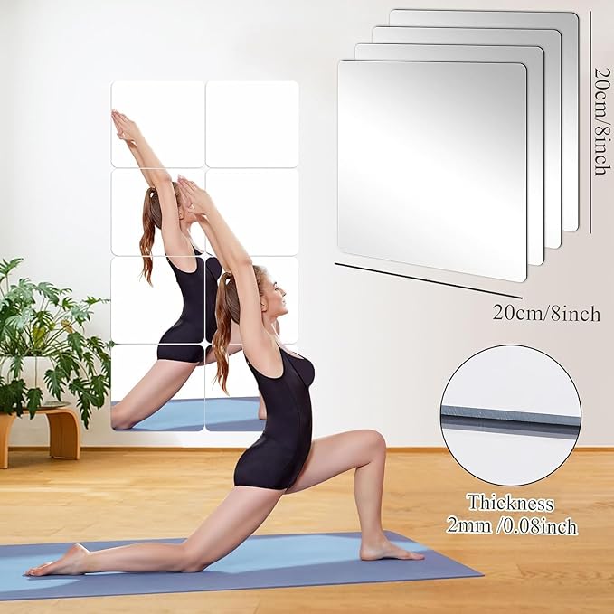JUNEBRUSHS 8 Pack Self Adhesive Acrylic Mirror, 8 x 8 Inch Tiles,Flexible Plastic Mirror Sheets Wall Stickers,2MM Thick Frameless Small Mirror