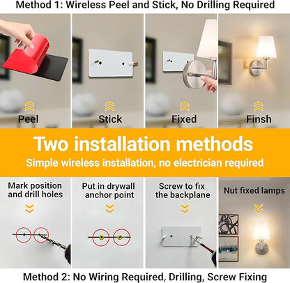 Peel and Stick Wall Sconces, Stick On Wall Sconce Set of 2, Battery Operated Wireless Wall Light, No Drill Adhesive Wall Lamp, Corn Bulb with 10000mAh Rechargeable Battery, Bedroom Wall Decor