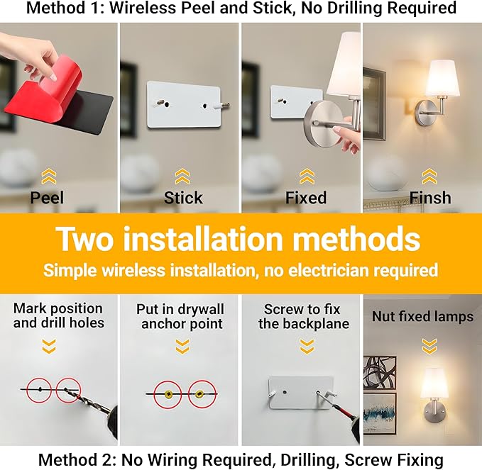 Peel and Stick Wall Sconces, Stick On Wall Sconce Set of 2, Battery Operated Wireless Wall Light, No Drill Adhesive Wall Lamp, Corn Bulb with 10000mAh Rechargeable Battery, Bedroom Wall Decor