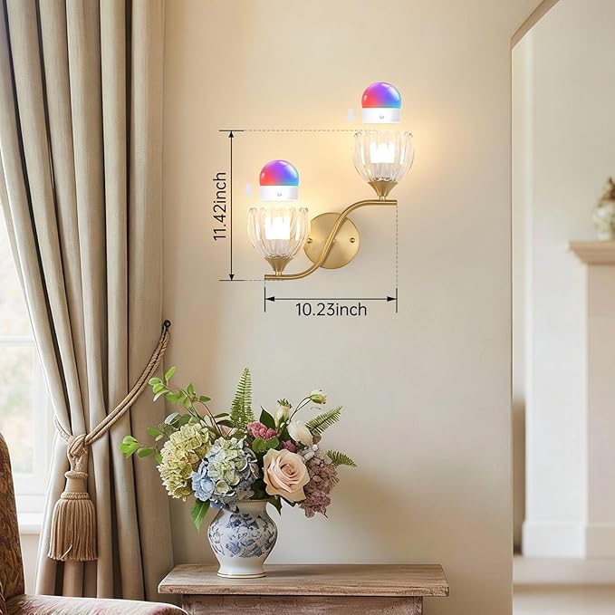 Battery Operated Wall Sconce, 2-Lights Vinatge Brass Wall Lighting with Clear Tluip Shade Rechargeable Bulb with Remote for Living Room, Bedroom，Symmetrical 2 Pack