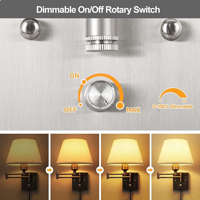 TRLIFE Wall Sconce Plug in, Dimmable Wall Sconces Set of 2 Brushed Nickel Swing Arm Wall Lights with Plug in Cord and On/Off Dimmer Rotary Switch, 9.4