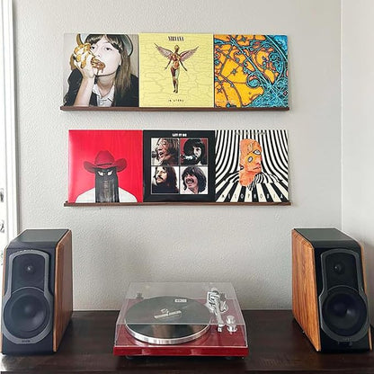 Vinyl Record Shelf - Three 3-Feet Long Display Shelves Made of Solid Walnut - A Wall Mount for Your Favorite Records -This Vinyl Record Holder Fits All Records (Walnut)
