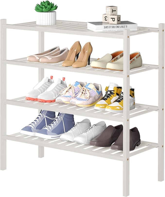 4 Tier Bamboo Shoe Rack for Closet Free Standing Wood Shoe Shelf for Entryway Small Space Stackable 27