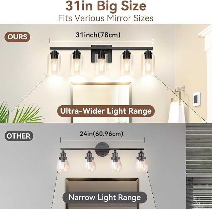 5-Light Matte Black Bathroom Light Fixtures, 31