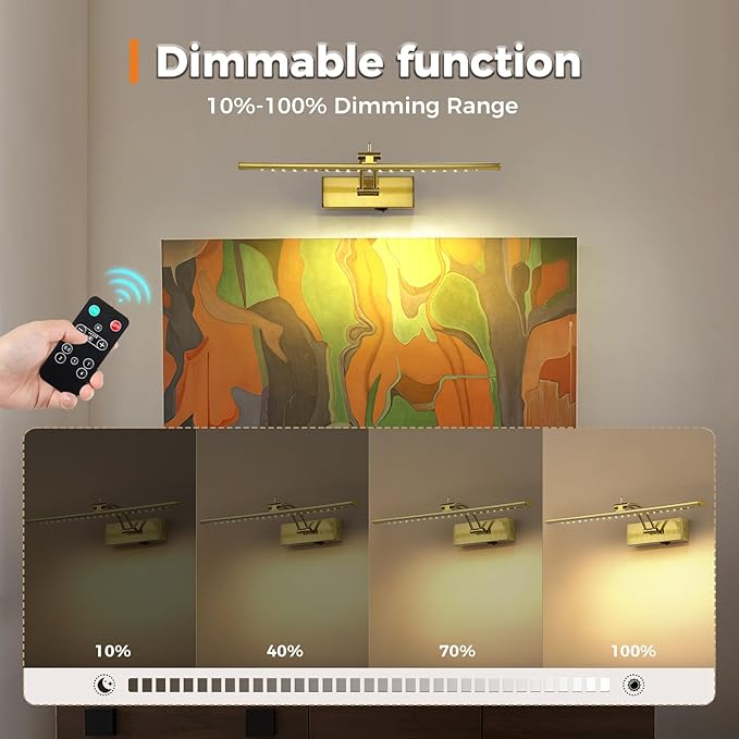 JOOSENLUX Battery Operated Picture Light - Wireless Art Display Light with Dimmer, Timer Off and Swing Arm, 5000mAh Rechargeable Battery, 16-Inch Brass Wireless Wall Sconce