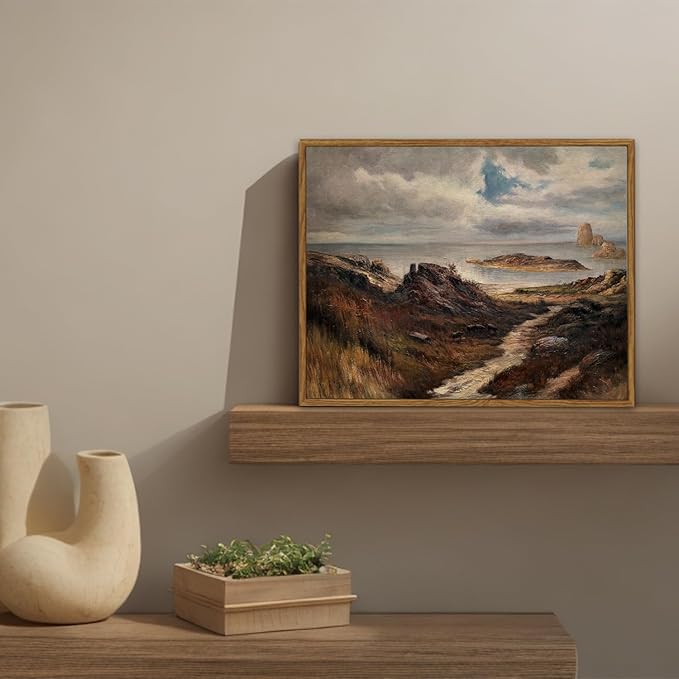 SHENIFY Landscape Framed Canvas Wall Art Vintage Classical Seaside Path Wilderness Prints Modern Hallway Bathroom Office Decor - 11x14in Natural Framed