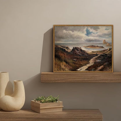 SHENIFY Landscape Framed Canvas Wall Art Vintage Classical Seaside Path Wilderness Prints Modern Hallway Bathroom Office Decor - 11x14in Natural Framed