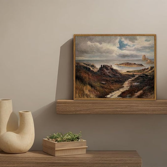 SHENIFY Landscape Framed Canvas Wall Art Vintage Classical Seaside Path Wilderness Prints Modern Hallway Bathroom Office Decor - 11x14in Natural Framed