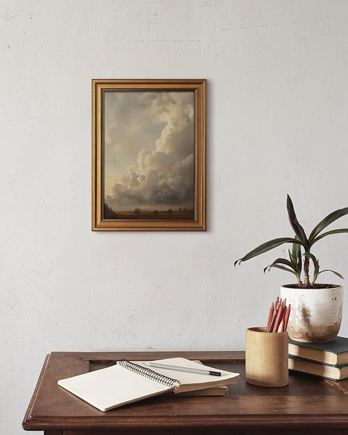 HUARCEY Gold Framed Canvas Wall Art, Cloud Picture Decor, Bedroom Living Room Sky Landscape Nature Decor, Rustic Vintage Neutral Canvas Paintings, 12x16inch