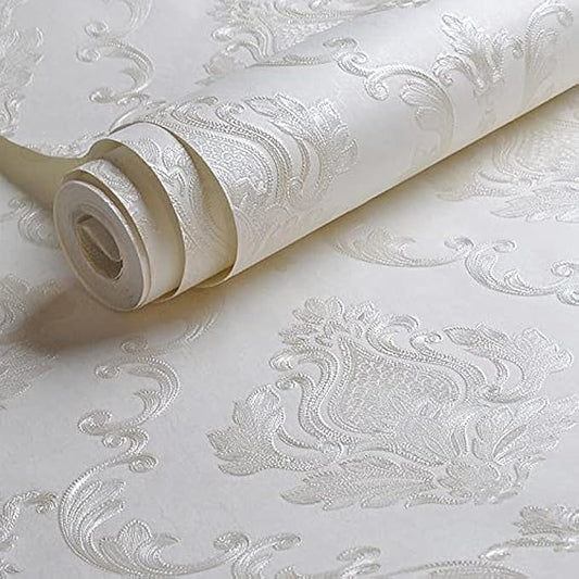 Cream White Damask Decorative Textured Floral Wallpaper Non-Woven Wall Paper Home Decoration,20.8 in X 393.00 in [ Not Peel and Stick ]