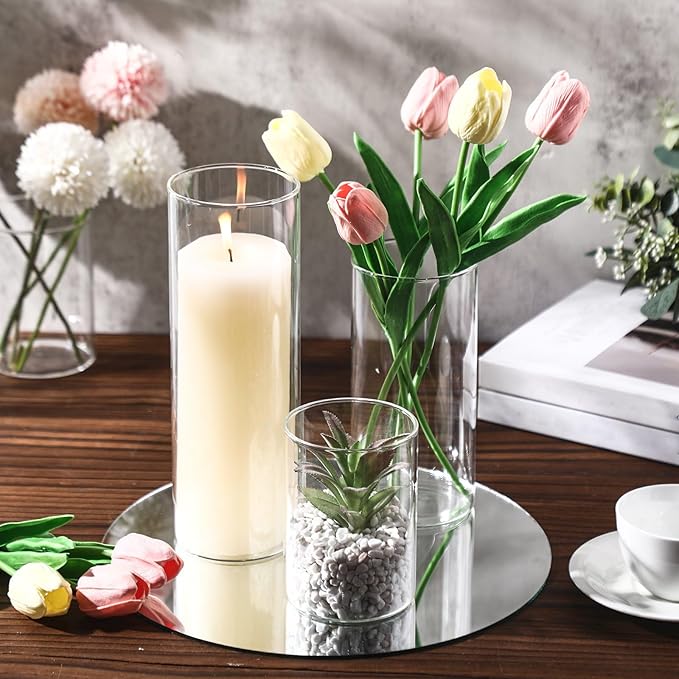 Sawysine 16 Pcs 3.4'' X 4.7", 7", 9.8" Round Glass Mirror Trays Glass Cylinder Vase Wedding Table Flower Vase with Mirror Set Table Centerpiece Decoration for Wedding Decor Craft Baby Shower