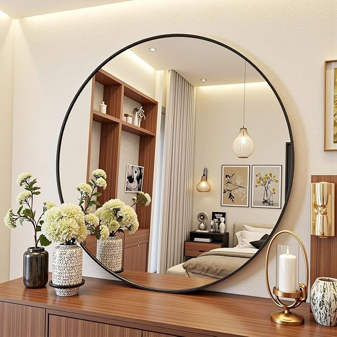 Antok 24 Inch Round Mirror for Wall, Round Bathroom Mirror, Circle Wall Mirrors with Black Metal Frame, Circle Mirrors Suitable for Wall, Bathroom, Vanity, Living Room, Entryway