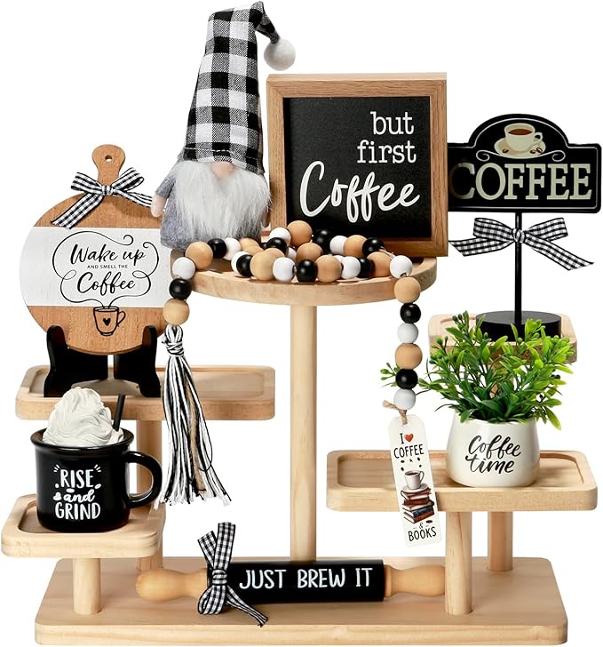 Cute Farmhouse Coffee Bar Decor Set for Tiered Tray, Rustic Black White Coffee Decorations with Gnome, Bead Garland & Rolling Pin, Coffee Bar Accessories for Kitchen Counter