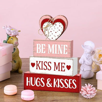 Marsui 4 Pcs Valentine's Day Decorations for Home Heart Table Decor Rustic Distressed Wooden Signs Valentines Centerpieces Blocks Farmhouse Valentines Tiered Tray Decor for Desk Shelf Mantel Indoor