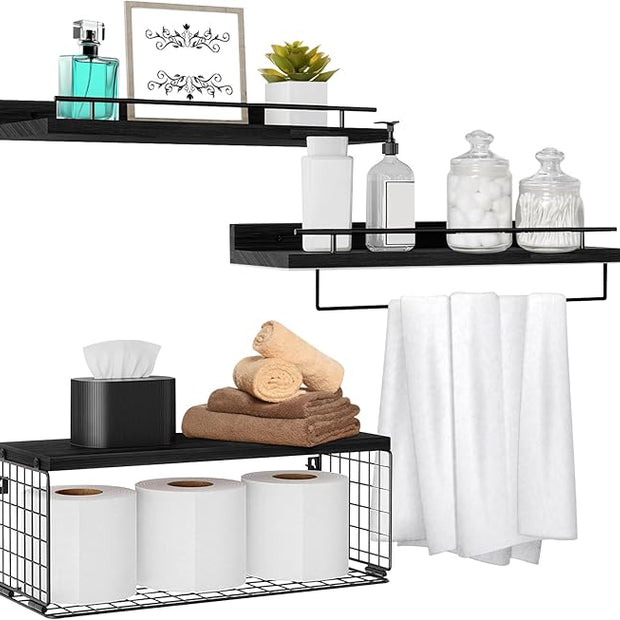 Floating Shelves for Wall, Wood Bookcases, Decor for Kitchen| Farmhouse| Bedroom| Laundry Room| Living Room| Bathroom, Hanging Storage - Black