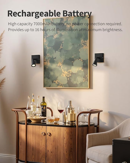 Battery Operated Wall Sconce Set of 2, Wall Lamp with Remote, 7000mAh Dimmable Magnetic 350° Swivel Cordless Rechargeable Wall Lights for RV Bedroom Bedside Hallway Gallery Wall Decort - Black