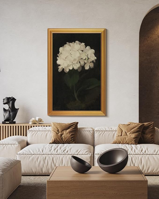 HUARCEY Gold Framed Vintage Wall Art for Living Room, Flowers Painting Canvas Print Shelf Decor for Kitchen, Aesthetic Bedroom Wall Art, Christmas Gifts for Friends or Family (White Hydrangea 24