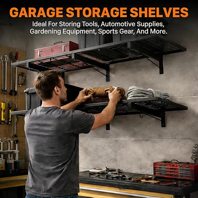 Garage Wall Shelving, 46" × 12" Wall Mounted Floating Shelf, Heavy Duty Shelves 190 LBS Load Capacity, Black Storage Rack for Shop, Shed, Closet, Basement, Laundry Room