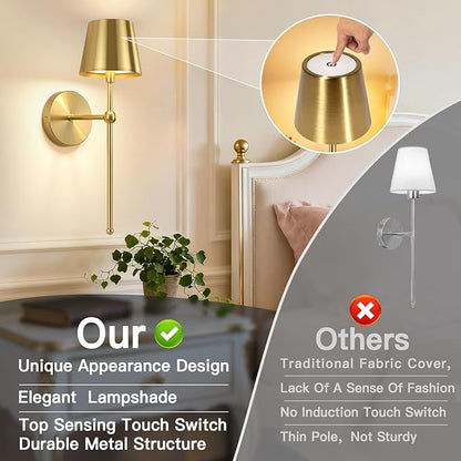 Battery Operated Wall Sconces Set of 2, Wireless Wall Sconce with Remote Dimmable Timer, Rechargeable 5200mAh, Cordless Gold Wall Light for Bedroom Living Room, Hallway, Light Decor