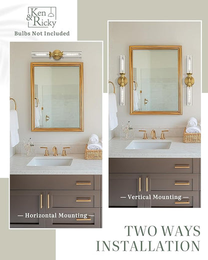 Ken & Ricky 24In Wall Sconces Set of Two, Brushed Gold Bathroom Sconces Wall Lighting with Clear Glass, Vanity Lights for Bathroom Bedroom Living Room Hallway KR3376-W-BG-2PK