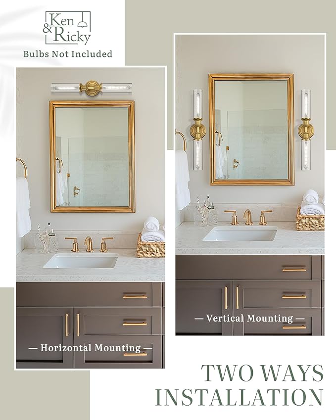 Ken & Ricky 24In Wall Sconces Set of Two, Brushed Gold Bathroom Sconces Wall Lighting with Clear Glass, Vanity Lights for Bathroom Bedroom Living Room Hallway KR3376-W-BG-2PK