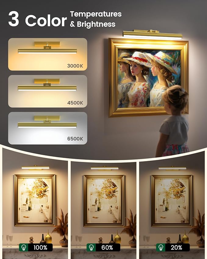 Bridika Picture Lights for Wall Battery Operated with Remote, 3 Color Modes and Dimmable Rechargeable Art Lights for Paintings, Gallery, Bedroom, Bathroom with Timer Gold 2