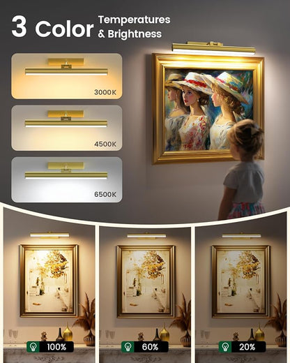 Bridika Picture Lights for Wall Battery Operated with Remote, 3 Color Modes and Dimmable Rechargeable Art Lights for Paintings, Gallery, Bedroom, Bathroom with Timer Gold 2