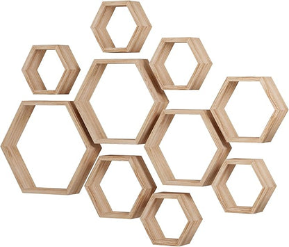 WONFUlity Hexagon Floating Shelves - Honeycomb Wall Mounted Wood Farmhouse Storage for Bathroom, Kitchen, Bedroom, Living Room - Driftwood Finish Decor, Light Brown