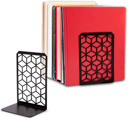 Geomod 3D Cube Black Metal Bookends Decorative for Heavy Books - Sturdy Boho Book Stops - Minimal Book Shelf Stopper - Durable Office Bookends - Weighted Metal Book Holders - 7x4.75 Inches - 1 Pair