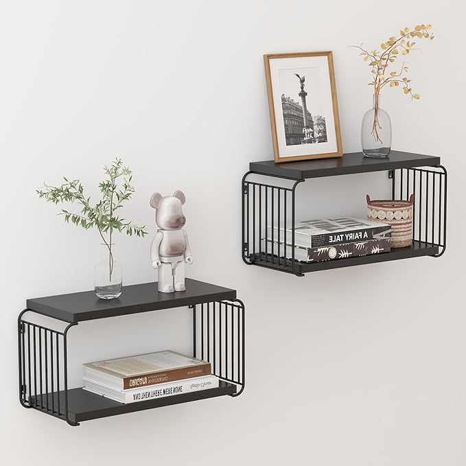 Floating Nightstand Shelves, Modern Night Stand for Bedroom, Wood Floating Shelf for Wall, Nightstand Bedside Table, Mid Century Wall Shelves for Living Room, Bedroom (2, Black)
