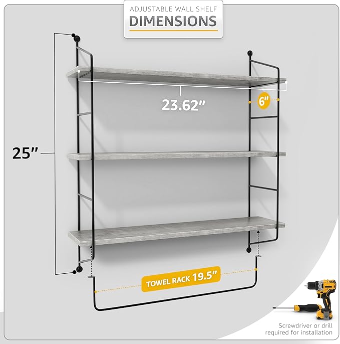 Sorbus 3-Tier Floating Bathroom Shelves for Wall - Wood Wall Storage for Towels, Over The Toilet Storage Cabinet, Gaming Floating Shelves, Bathroom Accessories, and Home Decor (Gray)