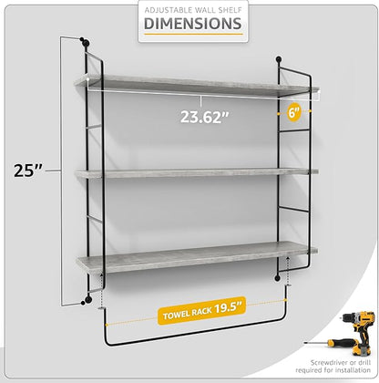 Sorbus 3-Tier Floating Bathroom Shelves for Wall - Wood Wall Storage for Towels, Over The Toilet Storage Cabinet, Gaming Floating Shelves, Bathroom Accessories, and Home Decor (Gray)