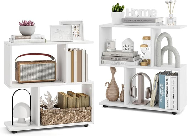 LOKO 3-Tier Geometric Bookshelf Set of 2, S-Shaped Open Bookcase, Freestanding Decorative Storage Shelving, Home Storage Organizer for Living Room, Bedroom, Home Office (2, White)