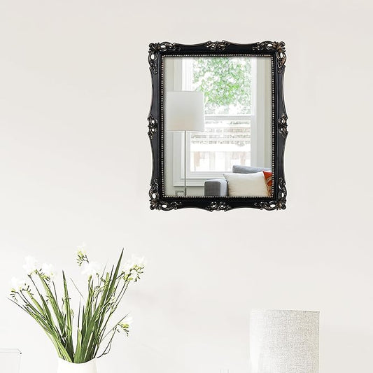 Funerom Vintage Decorative Mirror, Wall Mounted & Tabletop Makeup Mirror ，Square (Black, 16.5 x 13.5 inch)