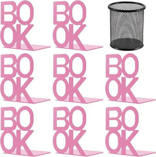 Book Ends - Decorative Metal Book Ends Supports for Bookrack Desk,Books, Unique Appearance Design,Heavy Duty (Pink, 4 Pair)