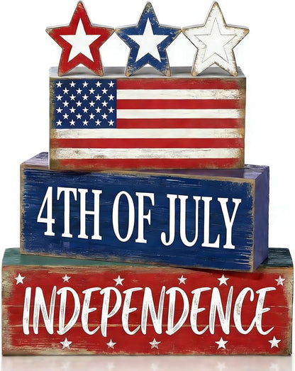 4th of July Table Decorations Patriotic Memorial Day Tiered Tray Decor Wooden American Flag Star Block Signs Independence Farmhouse 250th July Fouth Centerpiece for Tables Wooden Sign for Home Decor