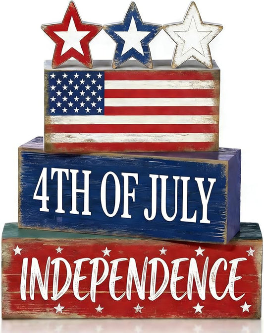 4th of July Table Decorations Patriotic Memorial Day Tiered Tray Decor Wooden American Flag Star Block Signs Independence Farmhouse 250th July Fouth Centerpiece for Tables Wooden Sign for Home Decor