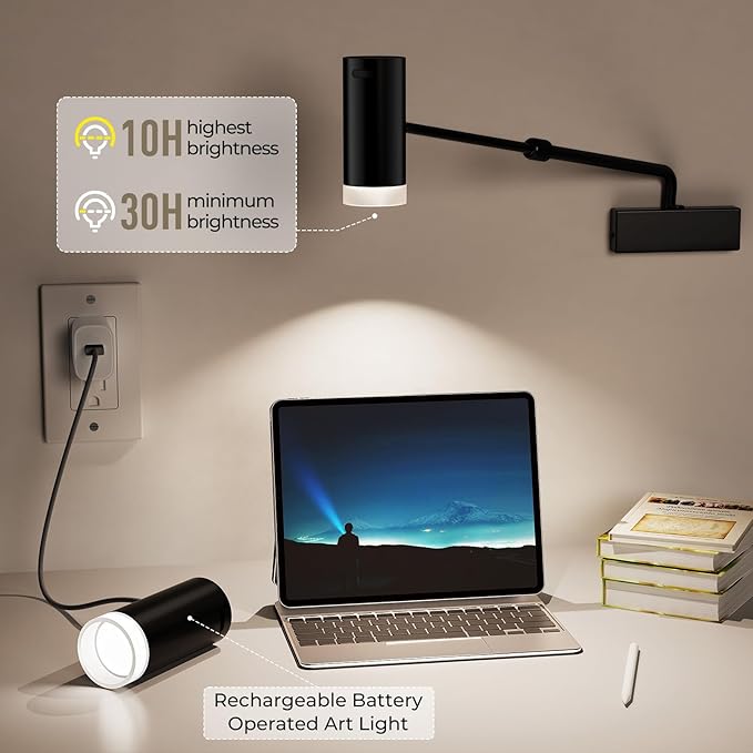 PESUTEN Battery Operated Picture Light, Adjustable Length Wireless Art Light for Paintings CCT Dimmable Rechargeable Picture Light with Remote Control for Gallery Reading Dartboard Bathroom