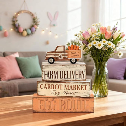 Easter Decorations - Farm Delivery Easter Truck Tiered Tray Decor - Wooden Farmhouse Easter Tabletop Sign with Carrots & Eggs - Rustic Spring Home Decor for Shelf Mantel Kitchen - Spring Home Decor for Living Room, Kitchen Counter