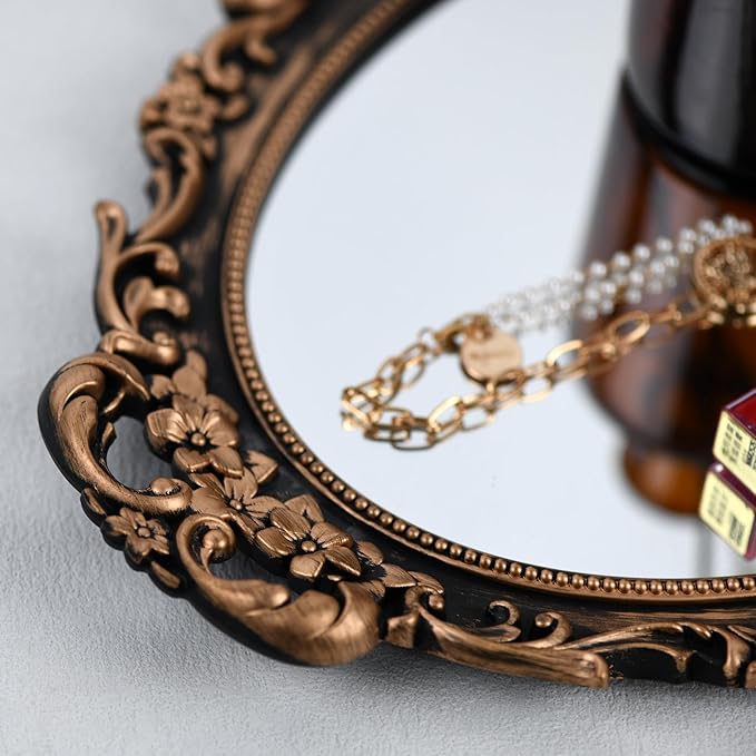 Vintage Decorative Gold Framed Mirror, Wall Hanging Mirrors & Tabletop Tray for Bedroom Living Room Dresser Decor, Oval- 9.6