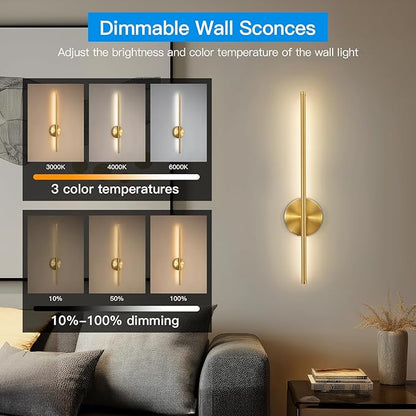 Battery Operated Wall Sconces Set of Two,Rechargeable Wall Sconces Set of 2 with Remote Control Dimmable Wall Light Decor for Living Room, Bathroom for, 24 Inch, Gold