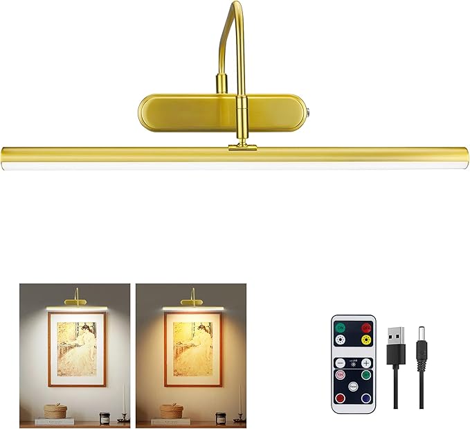 Picture Light,Wireless Art Lights for Paintings,15.9" Battery Operated Wall Lights,Remote Accent Lighting with Timer and Dimmable for Frame,Portrait,Dartboard-Brass